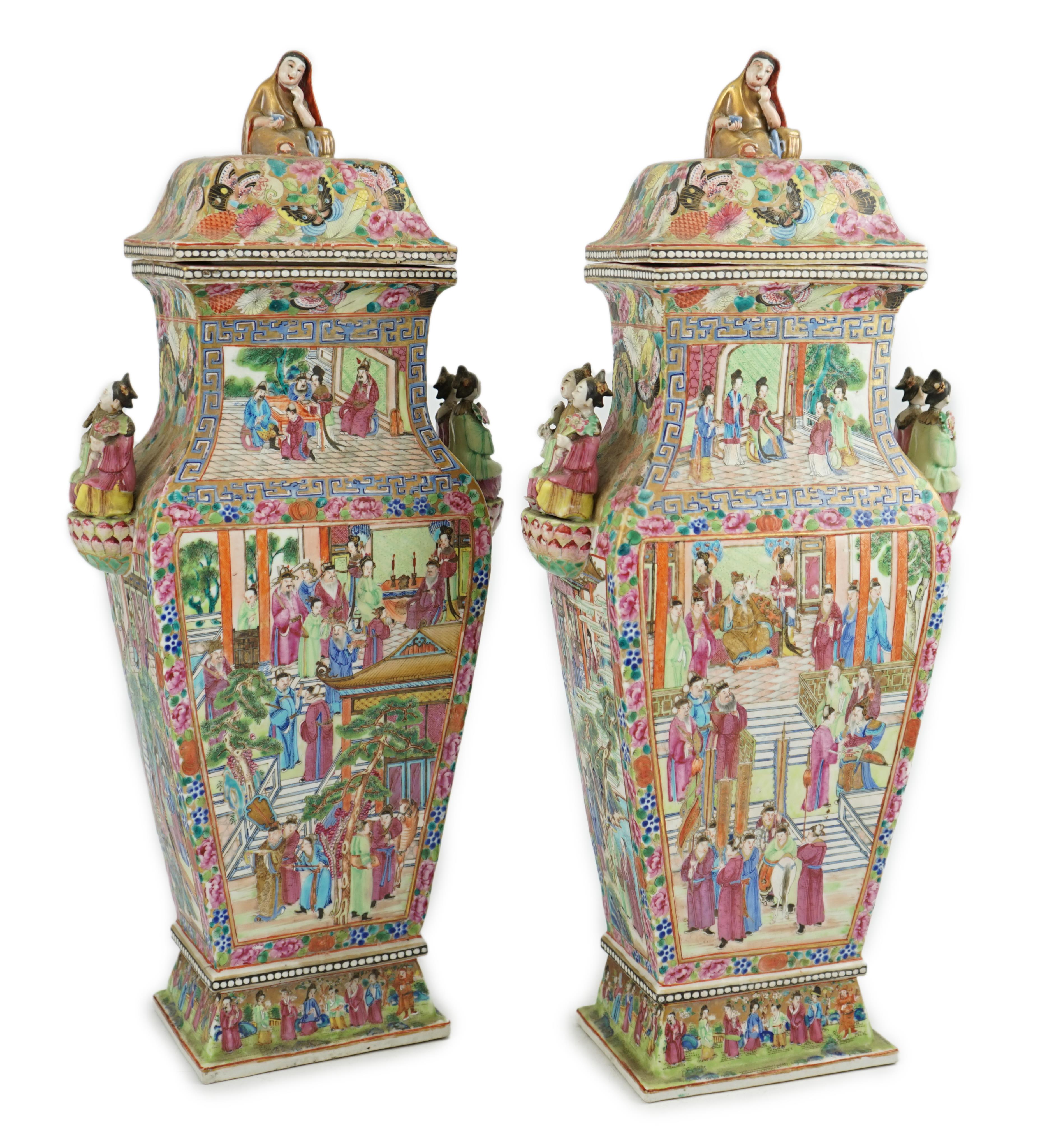 A pair of large Chinese square baluster vases and covers, Daoguang period, c.1830